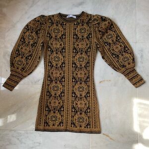 Zara Black & Gold Jacquard Long Sleeved Mini Dress- Sz Small